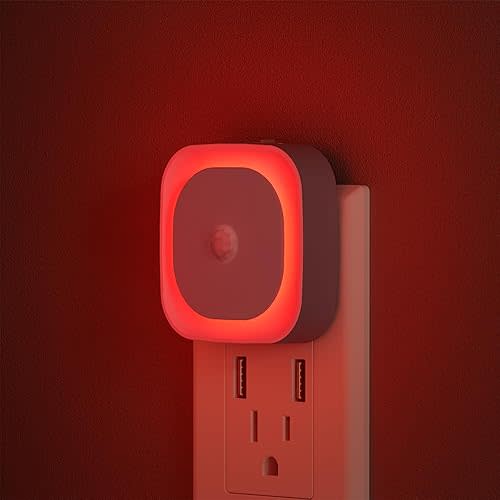 YUNLEX 2 Pack Plug in Red Night Light with Motion Sensor & Dusk to Dawn Sensor, Soft Glow, 0% Blue Light, Dimmable, Auto On/Off, 3 in 1 LED Lights for Bedroom, Kids, Bathroom, Hallway