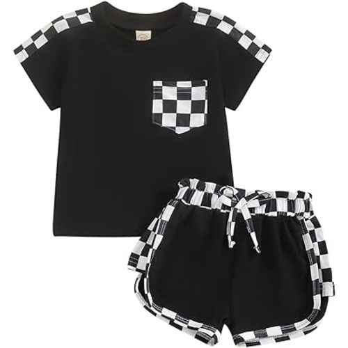 Infant Baby Boy Girl Clothes Spring Summer Outfits Checkerboard Pocket T-shirt Jogger Elastic Waist Shorts Set