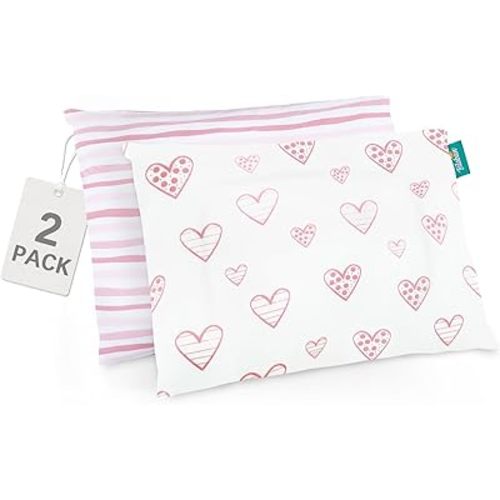 Biloban Organic Cotton 2 Pack Kids Toddler Pillowcase for Children Toddler Pillows 13"x 18" or 14"x19", Envelope Travel Toddler Pillow Cover Case (Pink Print)