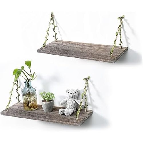 MITIME Leaf Rope Hanging Floating Shelves, Wall Swing Storage Shelf for Home Decor.17, 3-Pack (Retro Color)