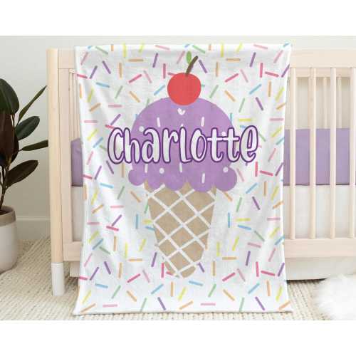 Personalized ice cream baby blanket summer baby girl name blanket, purple ice cream scoop with sprinkles, ice cream gift (CHOOSE COLORS)