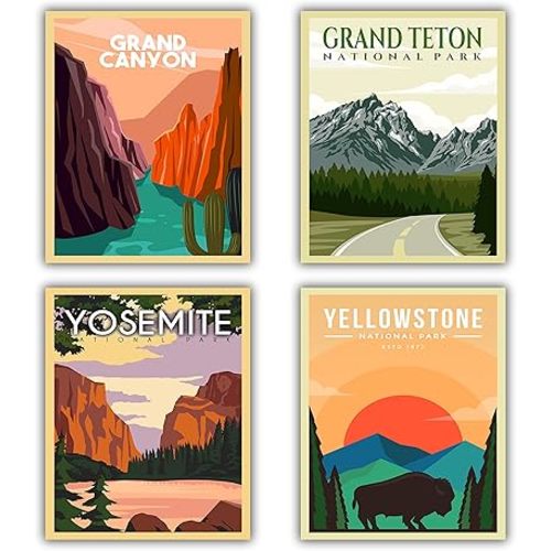 4 PC Retro National Park Posters, Wall Art & Decor: Grand Canyon, Grand Teton, Yellowstone, Yosemite - 11 x 14 Inches