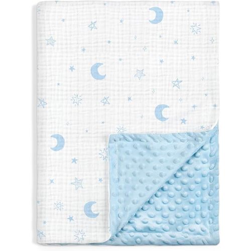 Star Moon Baby Blankets for Boys Girls, Soft Nursery Minky Blankets with Muslin and Dotted Fleece Back 30x40 inches, Receiving Bed Quilt for Newborn, Infants, Toddlers