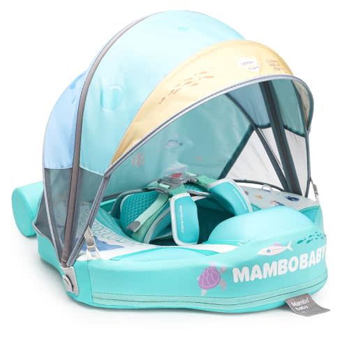 2024 Newest Mambobaby Baby Float with Canopy & Tail Infant Swim Float Non-Inflatable Toddler Pool Float with Skin-Friendly Material for 3-24 Months Baby Boys Grils