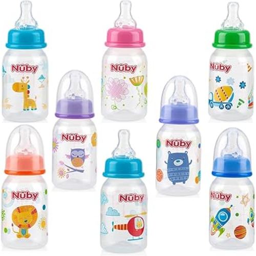 Nuby Printed Non-Drip Bottle, 4 Ounce, 1 Pack of 1 Bottle, Colors May Vary