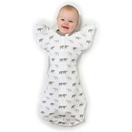 Amazing Baby Transitional Swaddle Sack with Arms Up Half-Length Sleeves and Mitten Cuffs, Tiny Elephants, Sterling, Small, 0-3 Months, Small (6-14 Pound)