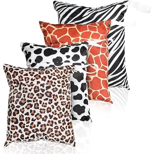 Frienda 4 Pieces Wet Dry Bag for Baby Waterproof Reusable Washable Diaper Bag Sealed with Handle for Travel, Beach, Swimsuit, Diapers, Dirty Gym Clothes and Toiletries (Animal Print)