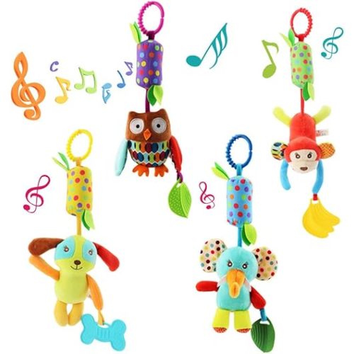 4 PCS Baby Soft Hanging Rattle Crinkle Squeaky Toy - Baby Toys for 0 3 6 9 to 1 Animal Ring Plush Stroller Infant Car Bed Crib Travel Activity Hanging Wind Chime with Teether for Boys Present