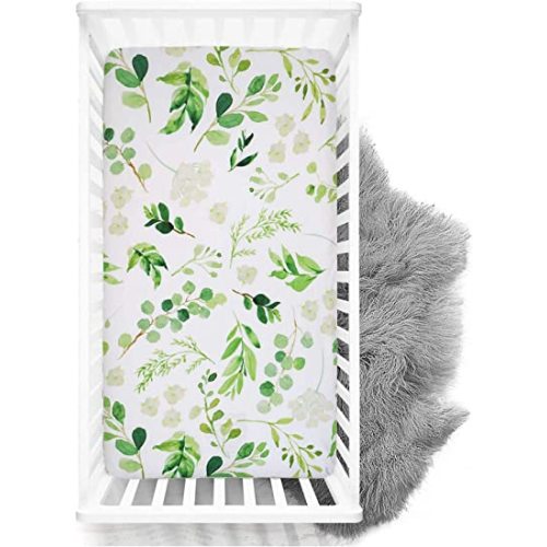 Crib Sheets HNHUAMING Neutral Baby Crib Fitted Sheets, Ultra Soft & Breathable 52 X 28 inch Crib Sheet Snug Fits for Standard Crib Mattress, Green Leaves