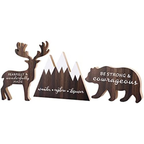 3 Sets Wooden Mountain Decor Woodland Inspirational Quote Wooden Sign Wander Explore Discover Neutral Nursery Table Decor Centerpiece Wooden Mountain Deer Bear Decor for Baby Girl Boy Room Decor