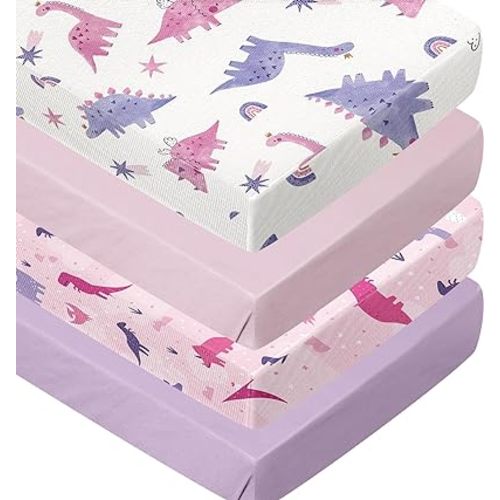 4 Pack Dinosaur Crib Sheets for Girls, Breathable Fitted Standard Crib Sheets Crib Sheets Girl for Standard Crib Mattress Baby Gift Set