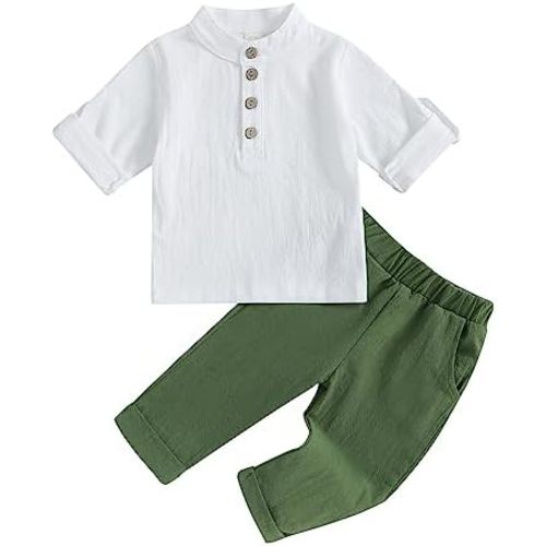 Karuedoo Toddler Baby Boy Clothes Cotton Linen Henley Shirts Button Down Long Sleeve Shirts Casual Pants Set