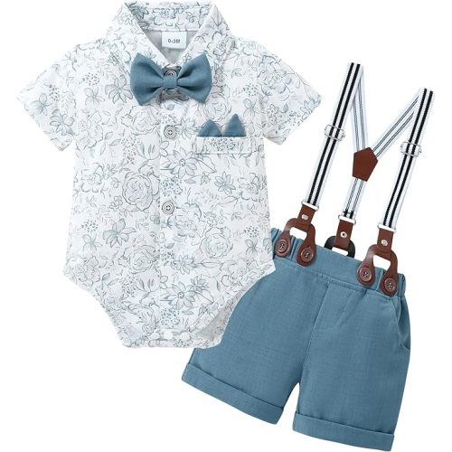 YALLET Baby Boy Clothes Suit Newborn Infant Gentleman Outfits, Formal Dress Shirt+Bowtie+Suspender Shorts Wedding Party Set - Z Blue Print - 3-6 Months