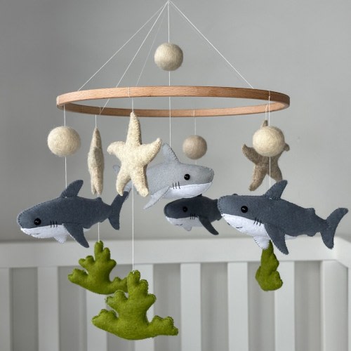 Shark baby mobile, boy narwhal nautical nursery crib decor, sea ocean newborn baby shower gift, hanging crib mobile