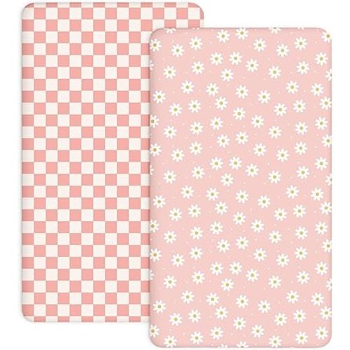 Pack and Play Sheets 2 Pack, Fitted Jersey Knit Mini Crib Sheets for Baby Boys and Girls, Compatible with Graco Pack N Play and Mini Crib Mattress (Daisy Check, Pack N Play/Mini Crib Sheets)
