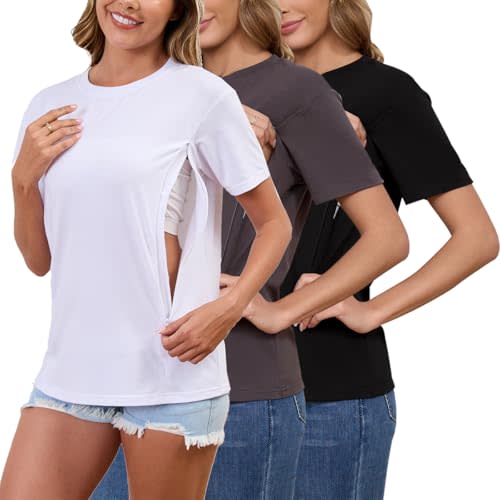 Ecavus Women's 3-Pack Nursing Shirts for Breastfeeding with Hidden Zippers Loose Fit Maternity Tops