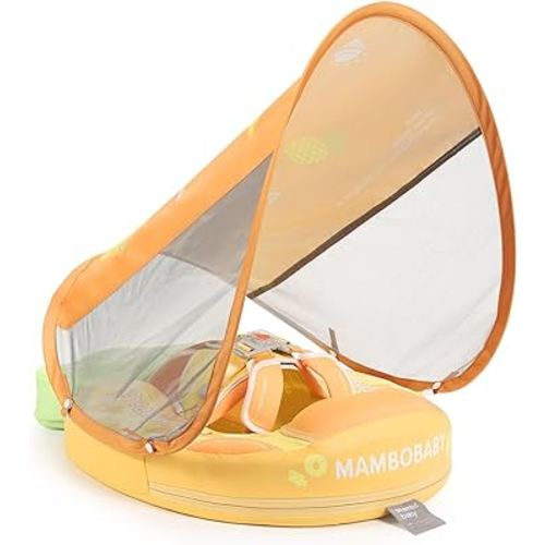 Mambobaby Float Add Tail Newest Baby Swim Float with Canopy Solid Pool Infant Swim Trainer Swimming Training Lying Air Free Water Floats Non-Inflatable Waist Swim Ring for Toddlers (Pineapple)