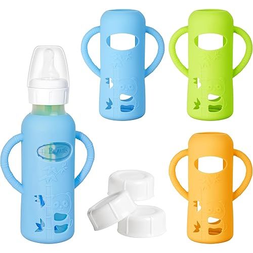 3 Pack Silicone Sleeve with Handle + Narrow Storage Caps, Anti Breakage Baby Bottle Holder, Compatible Dr. Brown's Narrow Baby Bottle(Orange+Blue+Green), 8 oz/250 mL
