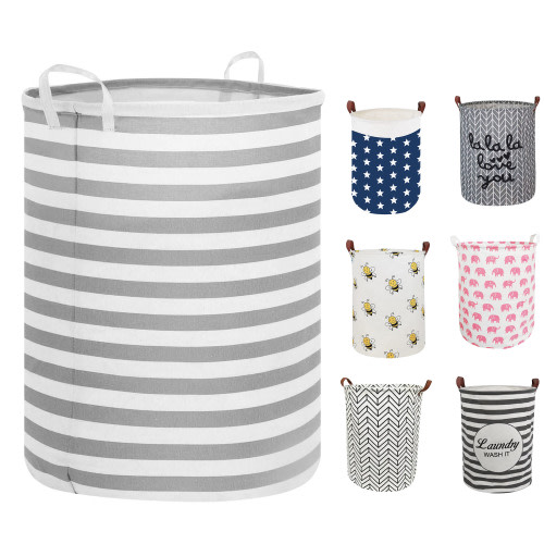 Furrygo Large Laundry Hamper, Waterproof Canvas Laundry Basket, Collapsible Storage Basket Bin for Kids Room, Toy Organizer, Nursery Hamper, Clothes Hamper, Gray Stripes