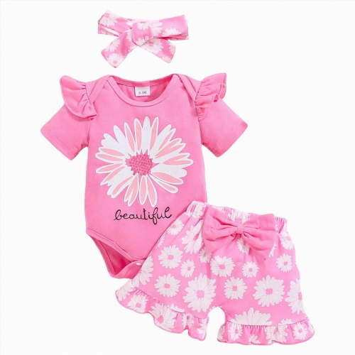 6-9 Months Newborn Preemie Baby Bodysuit Footies Romper Infants And Toddler Girls Cute Baby Girl Flower Ruffled Short Sleeve Headpiece Summer Set Pink Rompers Baby Gift