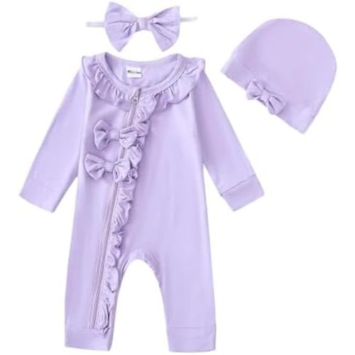 Mikrdoo Newborn Infant Baby Girl Clothes Fall Winter Outfits Long Sleeve Zipper Rompers with Headband