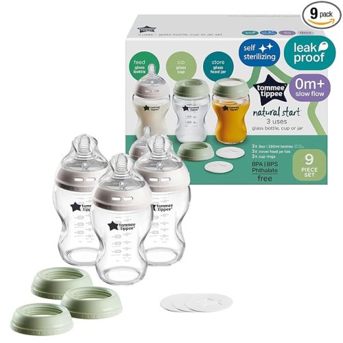 Tommee Tippee Natural Start 9 oz Glass Baby Bottles, Self Sterilizing, BPA & Phthalates Free, 0+ Months, Slow Flow Breast-Like Nipple for a Natural Latch, Travel Jar Lids, Cup Rings, Pack of 3