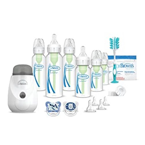 Dr. Brown's Anti-Colic Options+ Baby Bottle Warmer Gift Set, Baby Bottles, Glow-in-The-Dark Prevent Pacifiers, Deluxe Cleaning Bottle Brushes, Microwave Steam Bags, Level 1,2, and 3 Narrow Nipples