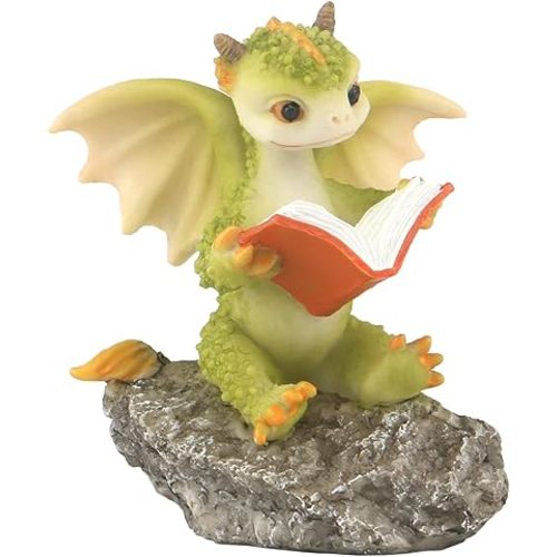 Dragon Statue Mini Dragon Figurine, Resin Home Decor, Cute Ornaments, Lucky Animal Garden Statue for Micro Landscape (Dragon Reading On a Stone)