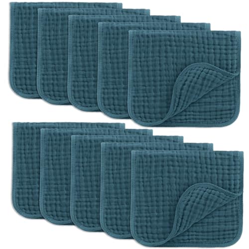 Comfy Cubs Muslin Burp Cloths Set (20”X10”, Pack of 10) - Large, 6-Layer, Ultra Absorbent 100% Cotton for Baby Spit-Up, Drool, and Messes - Soft, Gentle - Great, (Neptune)
