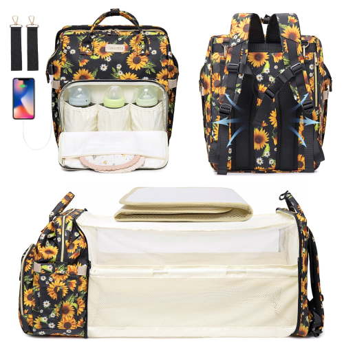 Diaper Bag Backpack with Foldable Crib, Waterproof Travel Backpack with Insulated Bottle Pockets, USB Charging Port, Stroller Straps, Sunflower Design