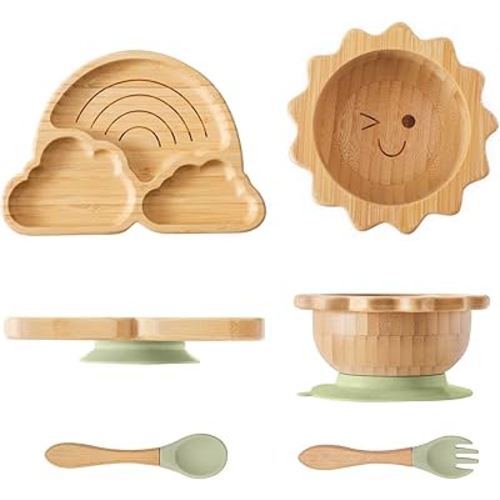 Bamboo Suction Plates Bowls Set for Baby Toddler Divided Platter Food bowl with Silicone Fork & Spoon All-Natural Baby Feeding Set for Baby-Led Weaning, Non-Slip Design
