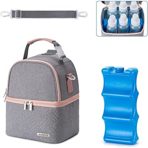 Breastmilk Cooler Bag with Ice Pack Fits 6 Baby Bottles up to 9 Ounce, Breast Milk Pump Cooler Bag with Shoulder Strap for Nursing Mom Daycare, Work, Travel- Grey