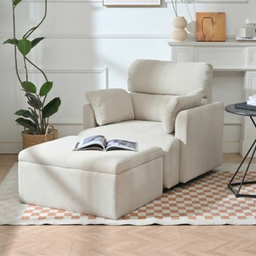 Beige Oversized Upholstered Lounge Chair with Storage Ottoman,Deep Seat Reading Chair for Bedroom or Living Room-Koiai