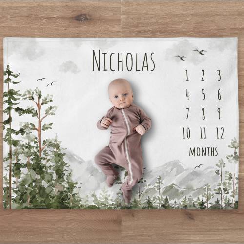 Mountains Milestone Blanket, Custom Woodland Boy Name Blanket, Personalized Forest Baby Month Blanket, Newborn Gift, Baby Shower Gift