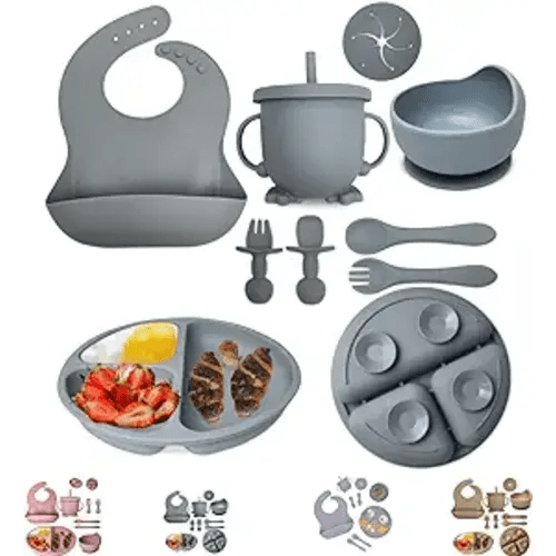 Baby Feeding Set 10-Piece | Baby Led Weaning Utensils Set Includes Suction Bowl and Plate, Baby Spoon and Fork, Sippy Cup with Straw and Lid | Baby Feeding Supplies Set (B-Blue)