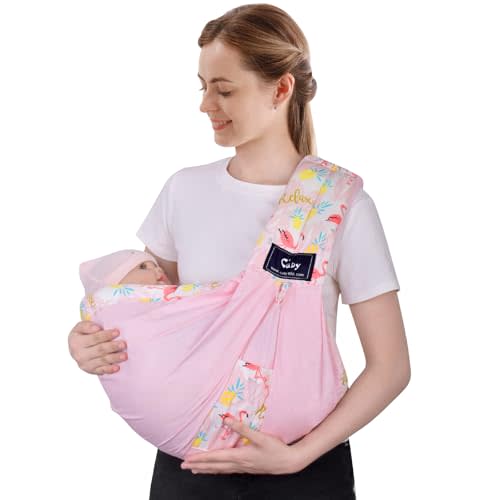 Baby Carrier by Cuby, Natural Cotton Baby Wraps Sling Baby Holder Extra Comfortable for Easy Wearing Carrying for Newborn, Soft and Adjustable Newborn and Toddler Carrier Slings (Pink Flamingo)