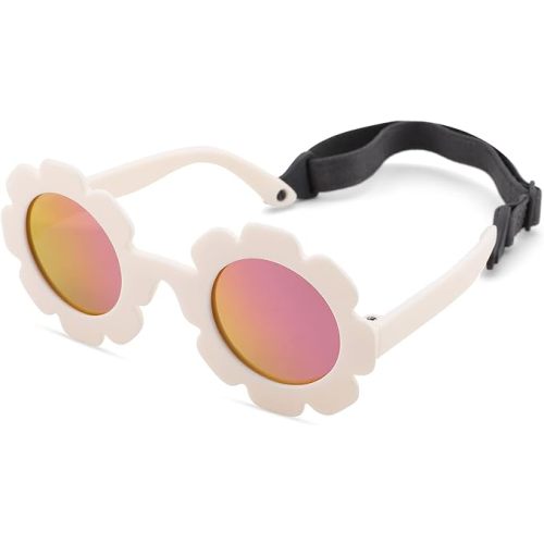 Bouryo Flexible Baby Polarized Flower Sunglasses with Strap Bendable Frame for Infant Boys Girls Ages 0-24 Months