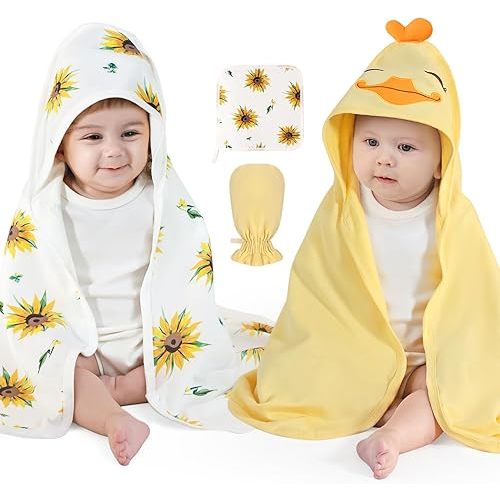 Hooded Baby Bath Towels Set of 2-4 Piece Bamboo Bath Essential Must Haves Newborn Stuff, Shower Registry Gifts for Infant, Toddler (28 X 28 Inch, Duck)