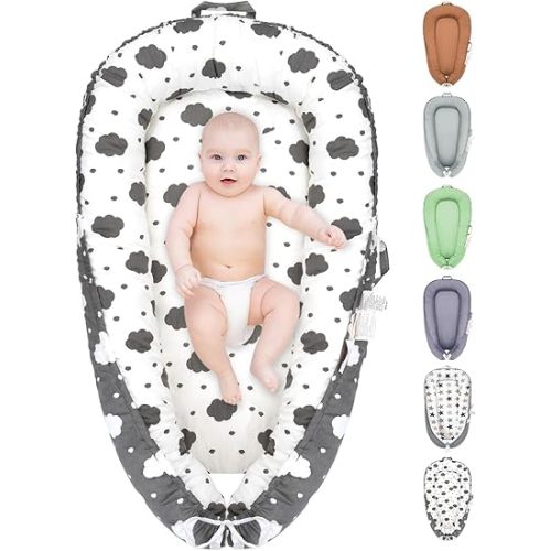 Baby Lounger, 100% Cotton Newborn Lounger for 0-24 Months, Co Sleeping Breathable & Soft Baby Nest, Infant Lounger Baby Floor Seat, Portable Lightweight Lounger Newborn Babies Essentials(Cloud)