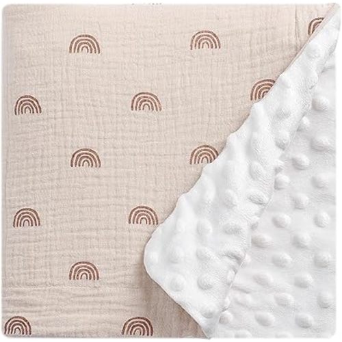 Fluffy-Backed Baby Swaddle Blankets Double Layer 100% Muslin Cotton Front Nursery Plush Dotted Fleece Back Receiving Bed Quilt Blanket for Unisex Newborn Baby Toddler Boys Girls 30 x 41 Inches