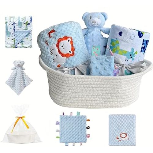 CREVENT Baby Welcome Gift Set Storage Basket with 2 Blankets+ 1 Security Blanket + 1 Taggie + 1 Gift Bag with Ribbon (Blue)