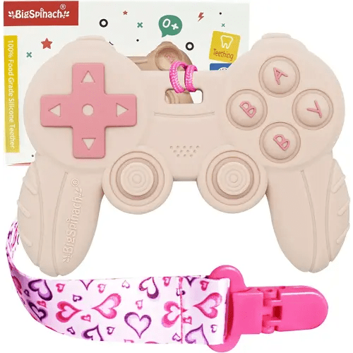 Cool Remote Game Control Teething Toy for Babies 0-6 6-12 Months,Game Controller Teether for Gamer Parents,Baby's First Valentines Day Gifts,Silicone Remote Chew Toys（Pink