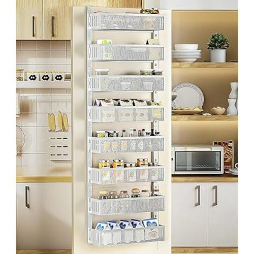 8-Tier Over The Door Pantry Organizer with Mesh Baskets, Adjustable & Stable Hanging Spice Rack for Kitchen, Bathroom, Bedroom, and Baby Essentials Storage (16" W 8-Tiers, White)