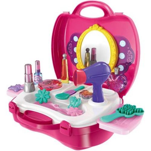 JuzToys 20pcs Kids Pretend Makeup Playset – Beauty Hair Salon Toy Set Including Makeup Box, Cosmetic, Hair Dryer, Comb – Pink