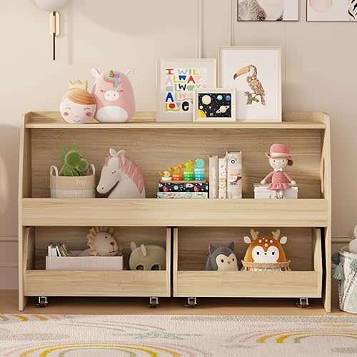COZPAW Toy Storage Organizer, 2 Tier Montessori Shelf with Movable Bins, Toy Organizers Book Shelf for Kids Room, Playroom, Nursery (Wood)