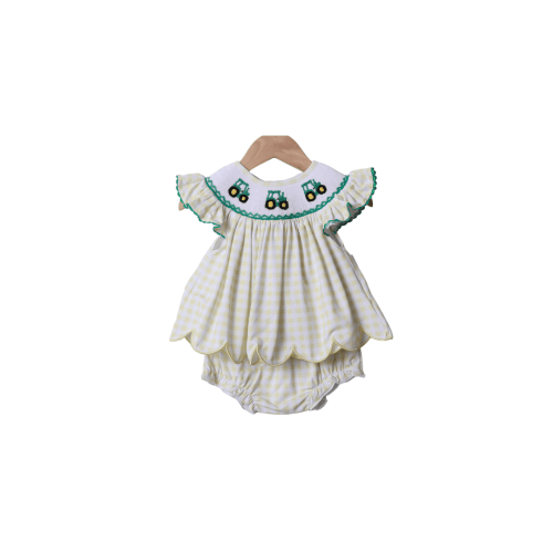 Smocked Yellow Green Tractor Bloomer Set