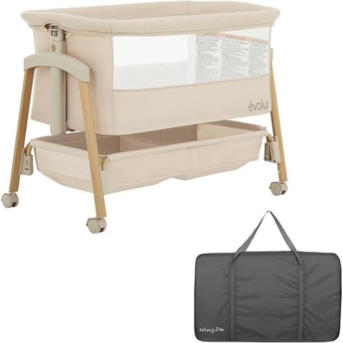 Evolur Lullaby Bedside Bassinet with Wheels, Seven Adjustable Heights, Breathable Mesh Sides Baby Bassinet, Large Storage Basket, Easy to Fold and Carry Travel Bassinet - Travel Bag Included
