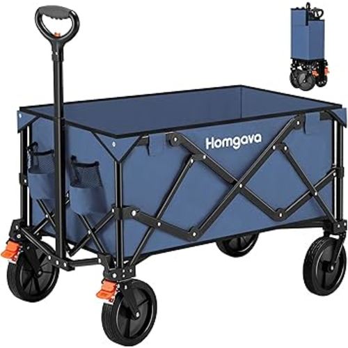 Collapsible Folding Wagon Cart with Brakes,Heavy Duty Garden Cart with All Terrain Wheels,Portable Large Capacity Utility Wagon Cart for Camping Fishing Sports Shopping,Blue & Orange