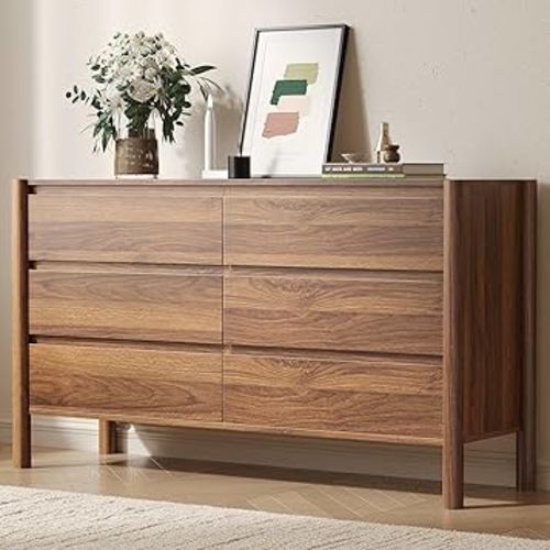 CHUWELL 6 Drawer Walnut Dresser for Bedroom, 47" Wide Mid Century Chest of Drawers with 6 Large Storage Space and 4 Solid Wood Cylindrical Legs, Large Dresser for Bedroom(Walnut)