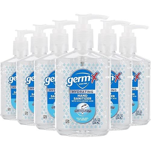 Germ-X Hand Sanitizer, Hydrating with Hyaluronic Acid, 8 Fl Oz Pump (Pack of 6) Instant & No Rinse Formula for All Skin Types, Back to School Supplies, Formulated without Parabens, Phthalates & Dyes